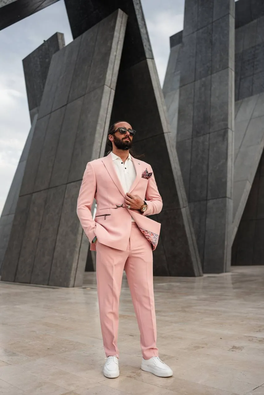 Men's Pink Zipper 2 Piece Slim Fit Suit