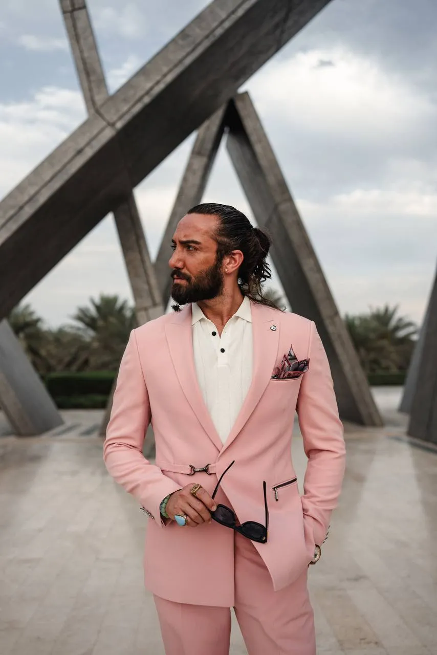 Men's Pink Zipper 2 Piece Slim Fit Suit