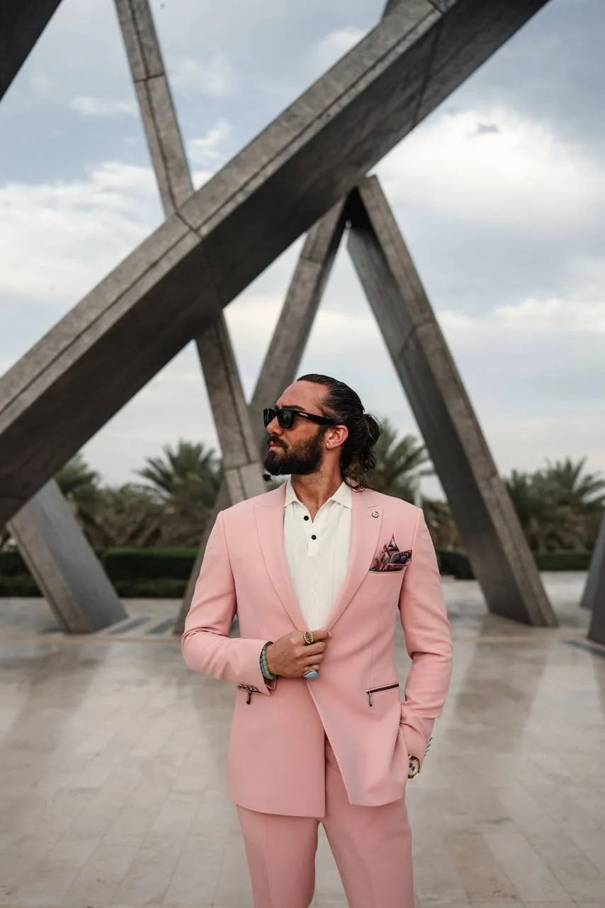 Men's Pink Zipper 2 Piece Slim Fit Suit