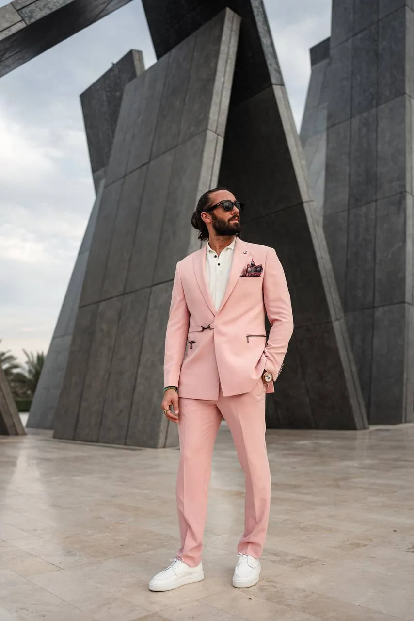 Men's Pink Zipper 2 Piece Slim Fit Suit