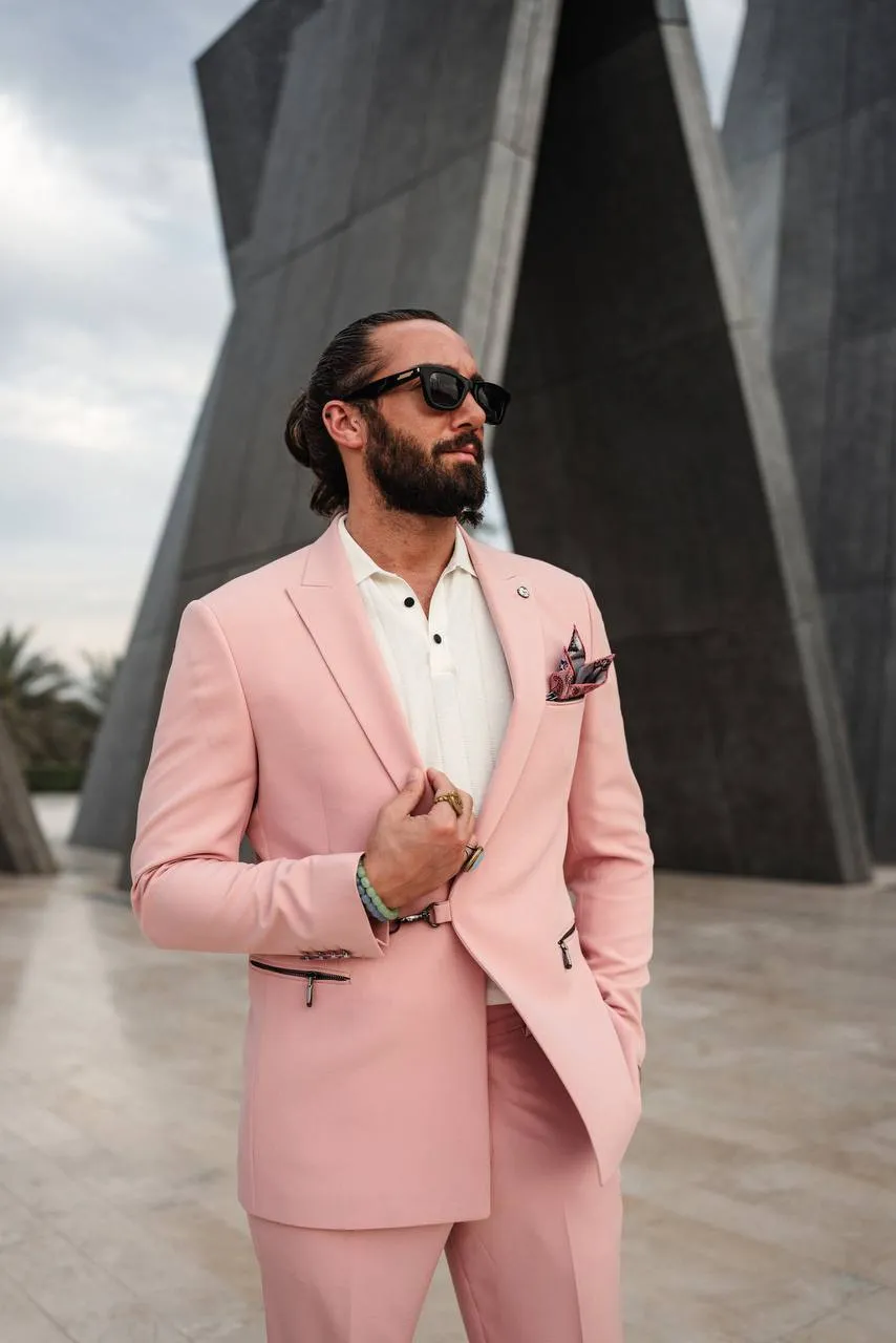 Men's Pink Zipper 2 Piece Slim Fit Suit