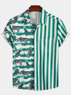 Men's Short Sleeve Animal Striped Patchwork Pocket Casual Shirt