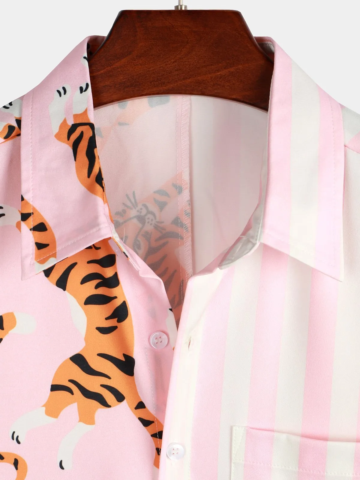 Men's Short Sleeve Animal Striped Patchwork Pocket Casual Shirt