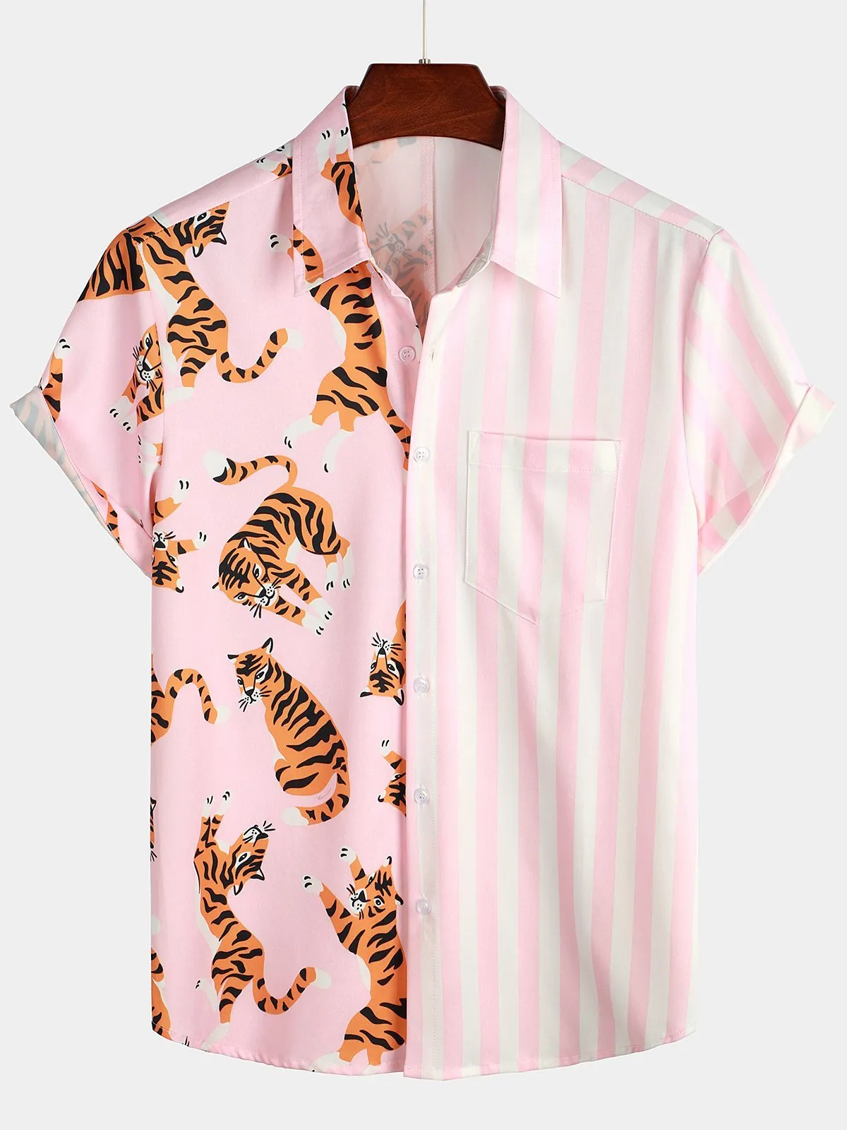 Men's Short Sleeve Animal Striped Patchwork Pocket Casual Shirt