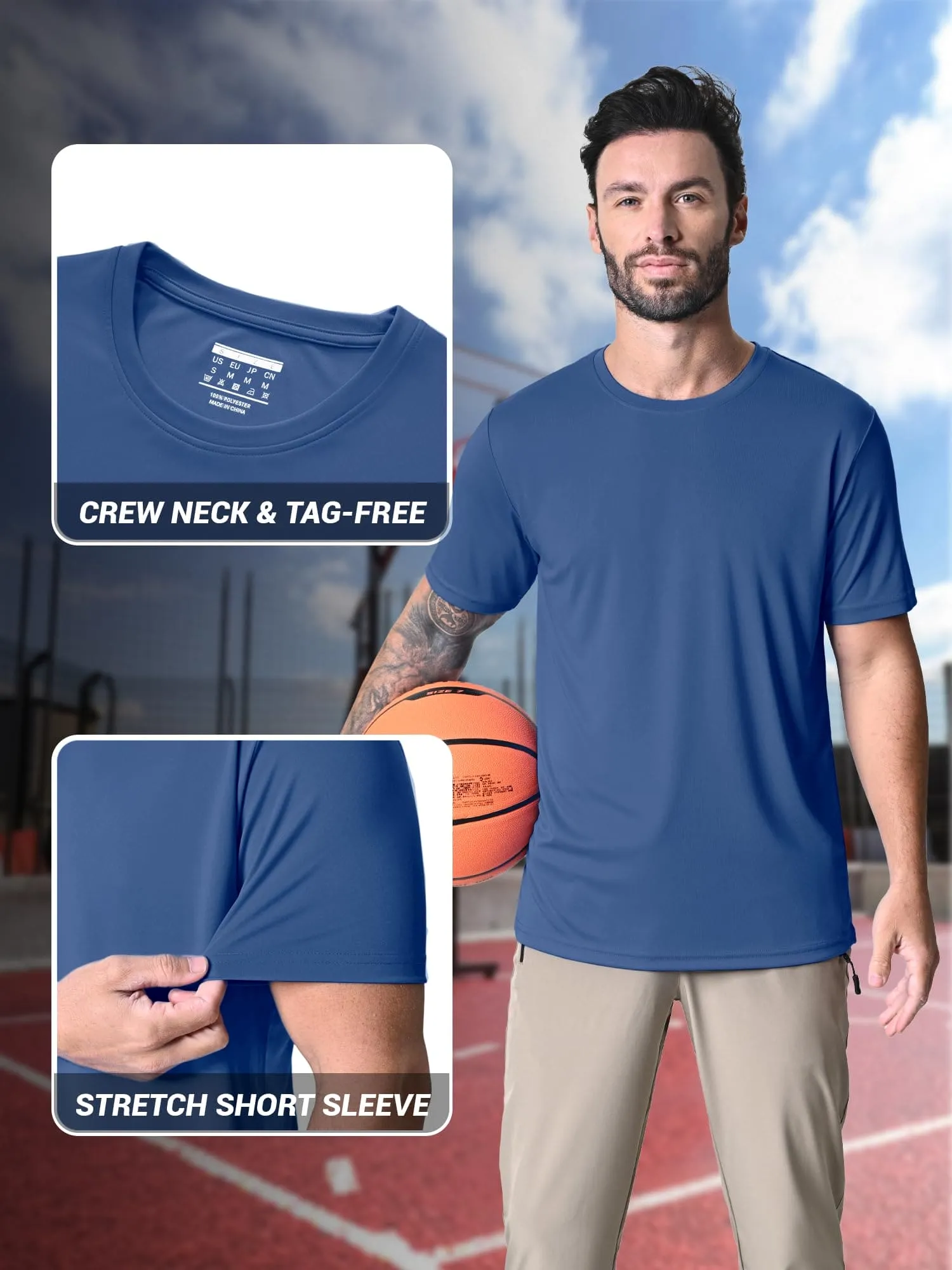 Mens Short Sleeve T Shirts UPF 50  Shirt Sun Protection T-Shirts Rash Guards Gym Shirts Workout Quick Dry T-Shirt Blue Grey