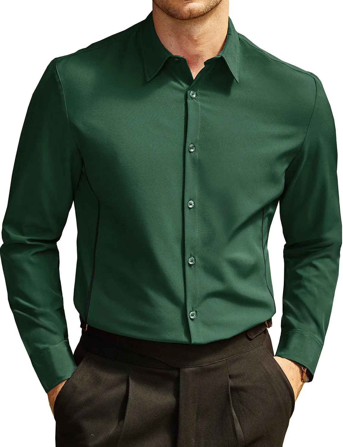 Men's Solid Color Button Up Long Sleeve Casual Dress Shirt