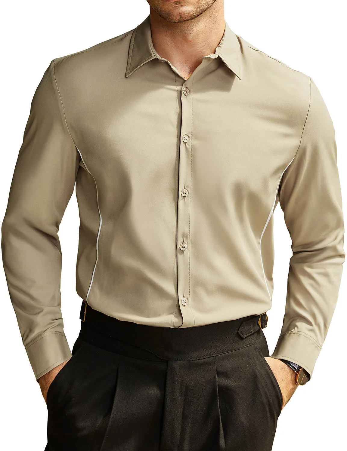 Men's Solid Color Button Up Long Sleeve Casual Dress Shirt