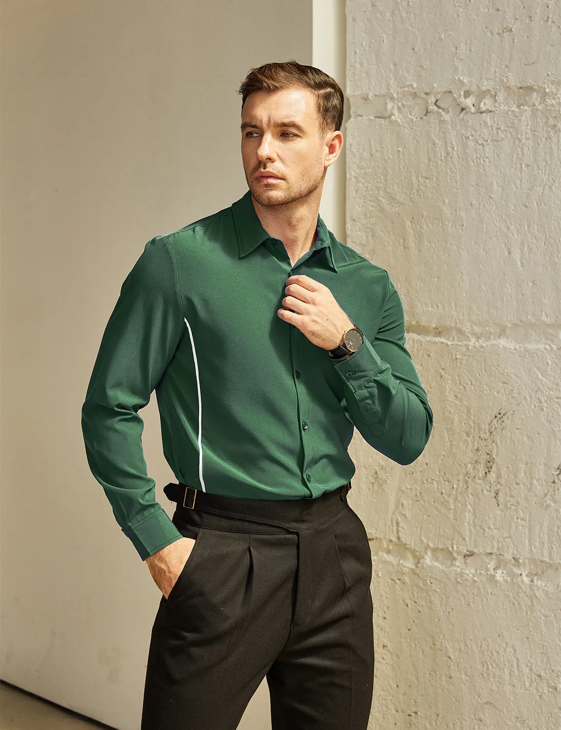 Men's Solid Color Button Up Long Sleeve Casual Dress Shirt