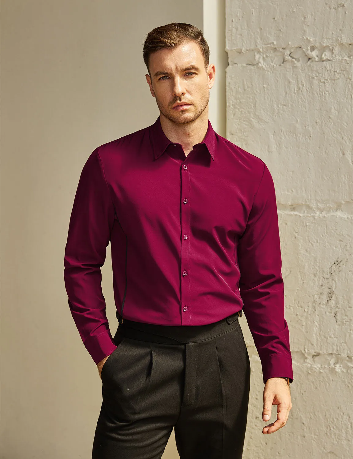 Men's Solid Color Button Up Long Sleeve Casual Dress Shirt