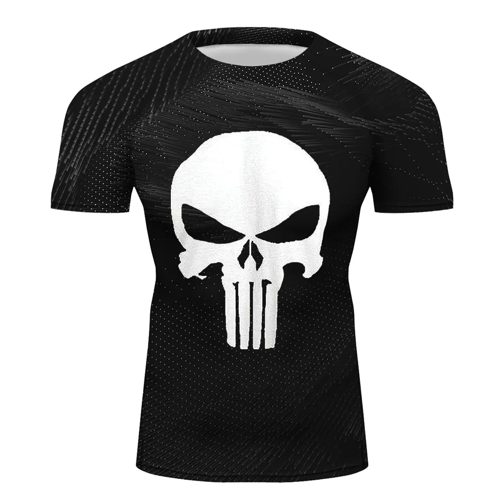 Men's Sport Compression Rash Guard The Punisher Skull Super Logo Fitness Short Sleeve Tee Top