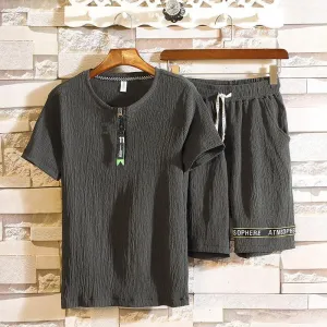 Men's Summer Sets Short Sleeve Tops Drawstring Shorts Casual Suits