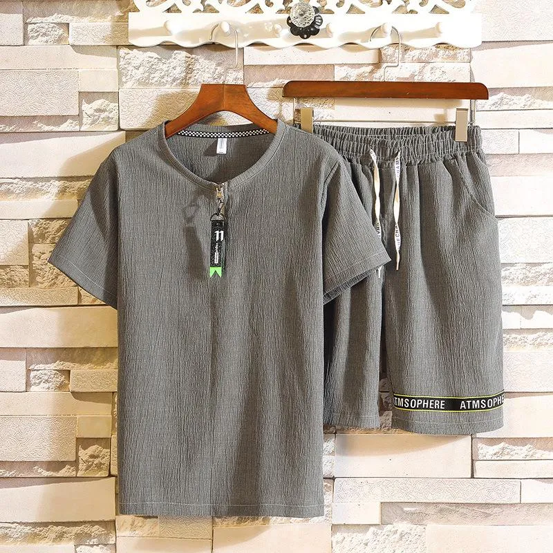 Men's Summer Sets Short Sleeve Tops Drawstring Shorts Casual Suits