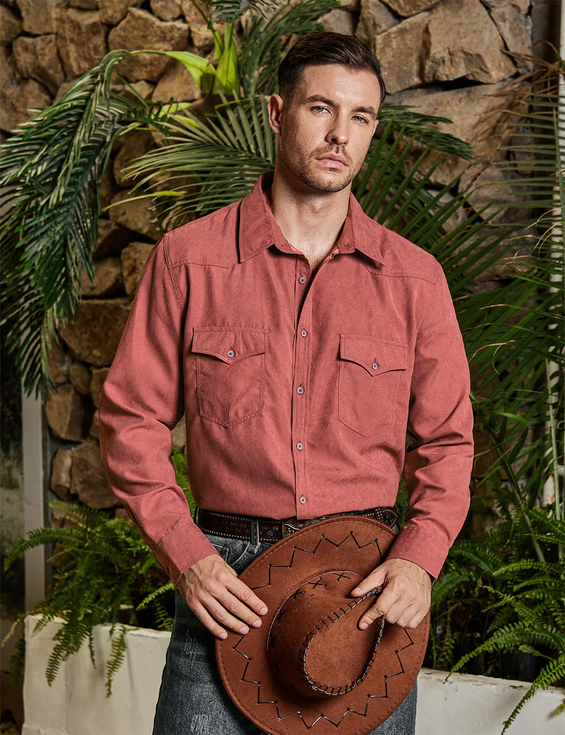 Men's Western Cowboy Pocket Casual Button Up Long Sleeve Shirt
