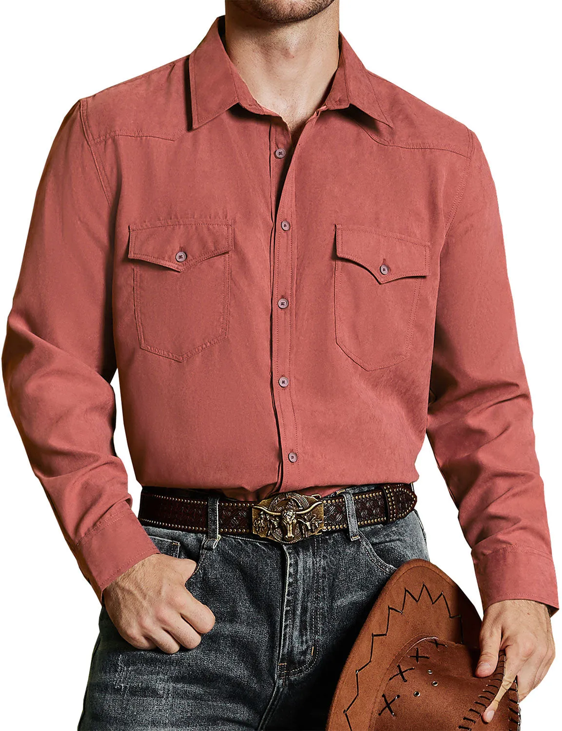 Men's Western Cowboy Pocket Casual Button Up Long Sleeve Shirt