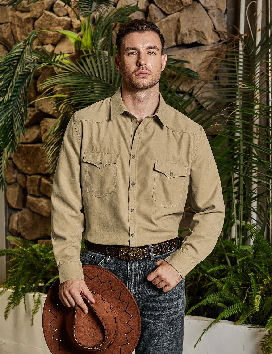 Men's Western Cowboy Pocket Casual Button Up Long Sleeve Shirt