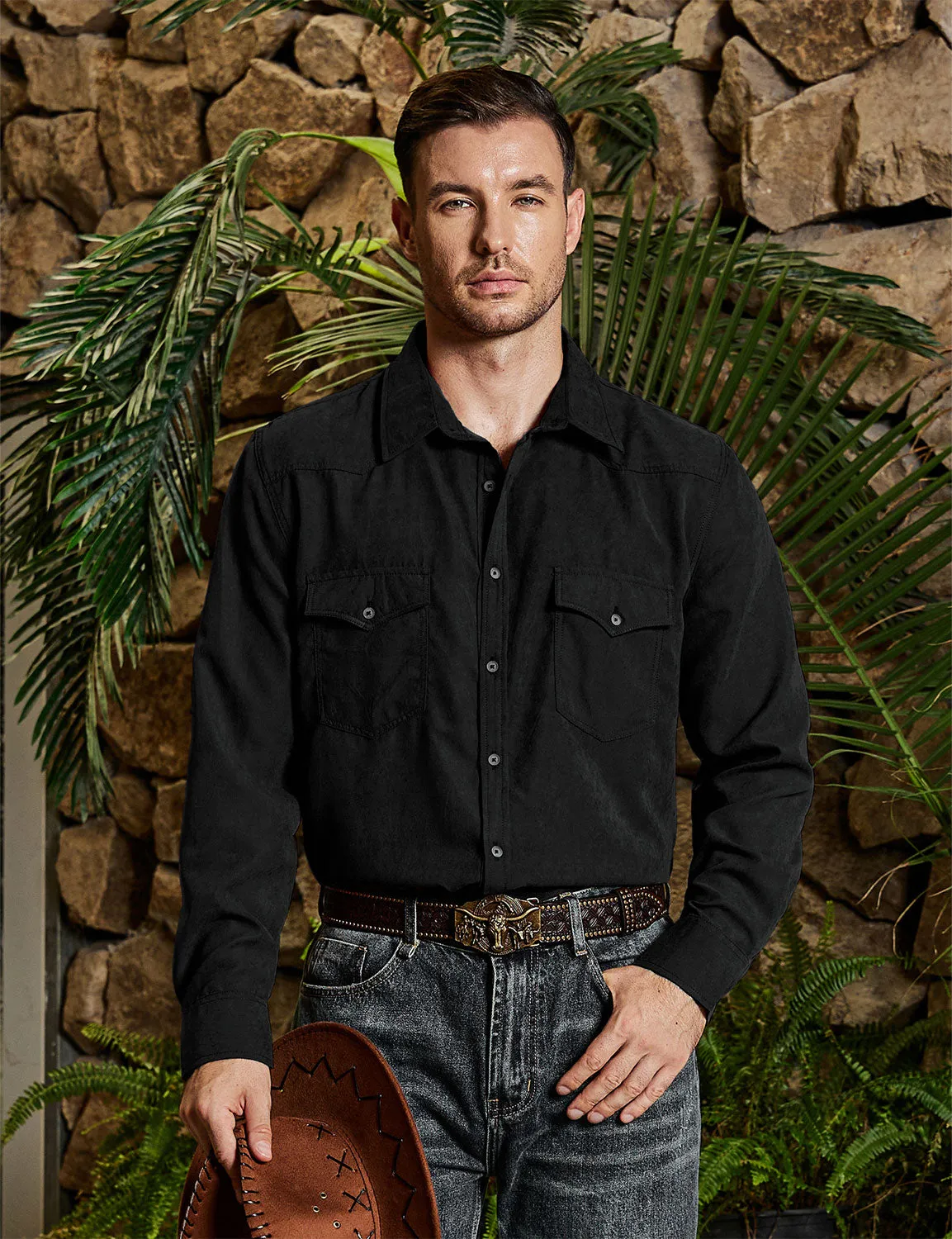 Men's Western Cowboy Pocket Casual Button Up Long Sleeve Shirt