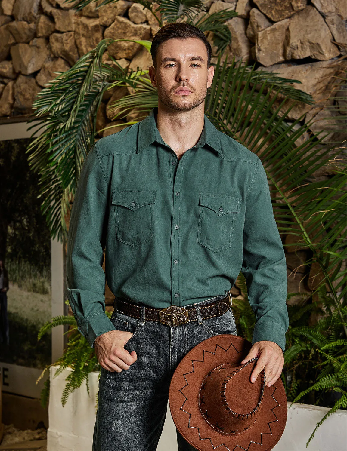 Men's Western Cowboy Pocket Casual Button Up Long Sleeve Shirt