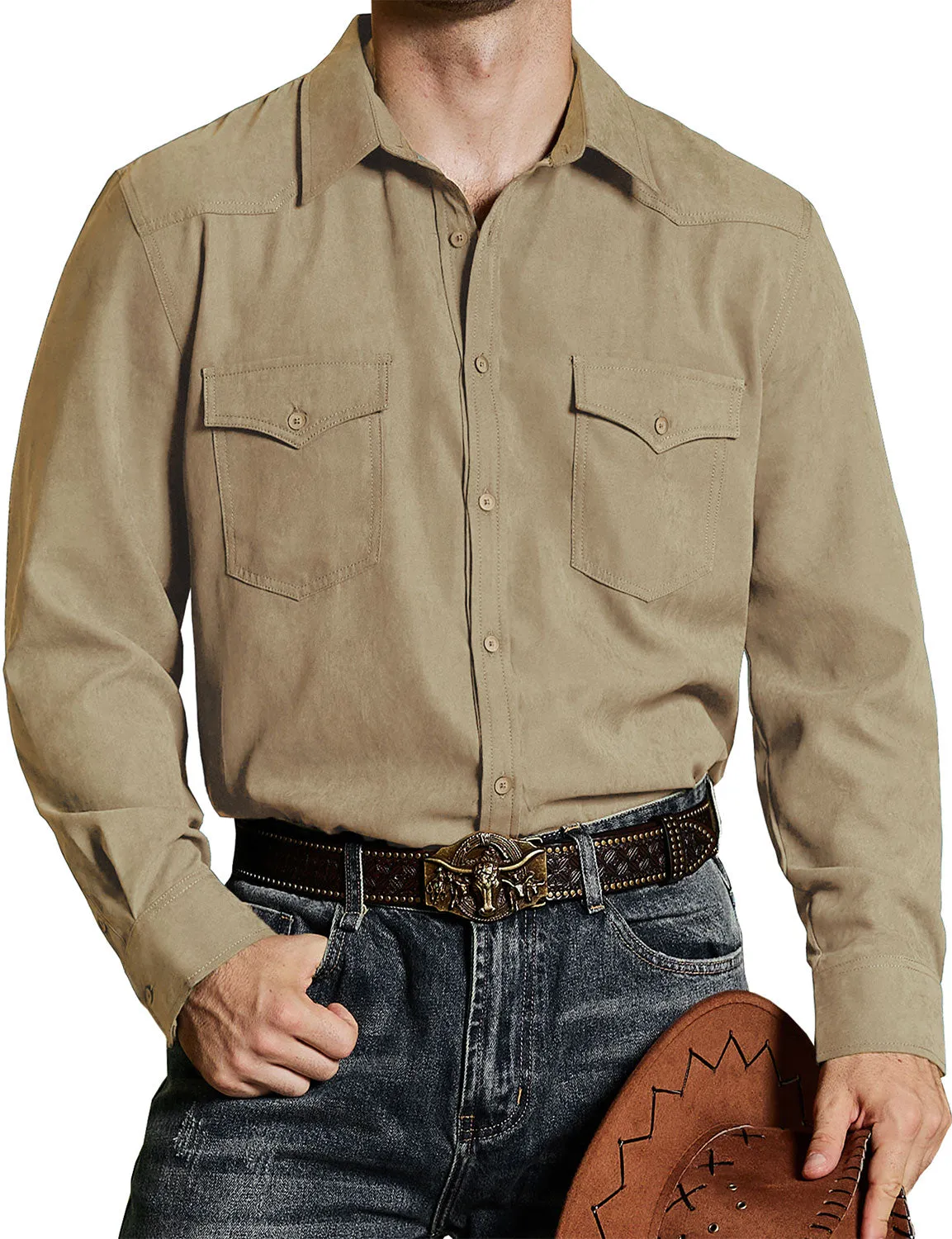 Men's Western Cowboy Pocket Casual Button Up Long Sleeve Shirt