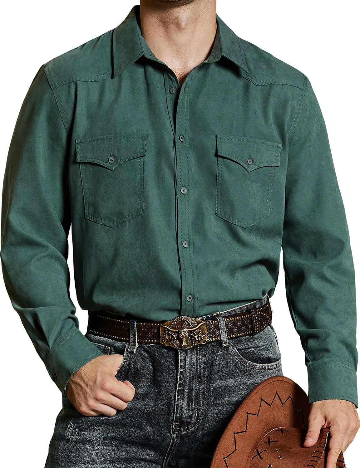 Men's Western Cowboy Pocket Casual Button Up Long Sleeve Shirt