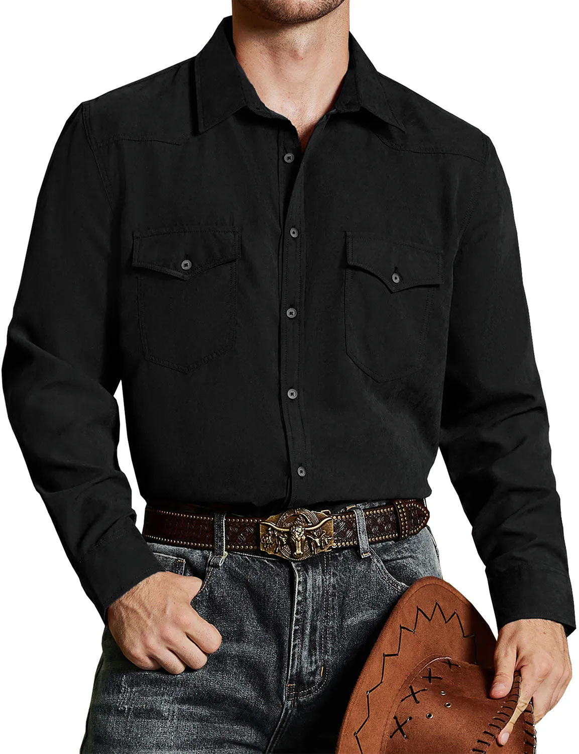 Men's Western Cowboy Pocket Casual Button Up Long Sleeve Shirt