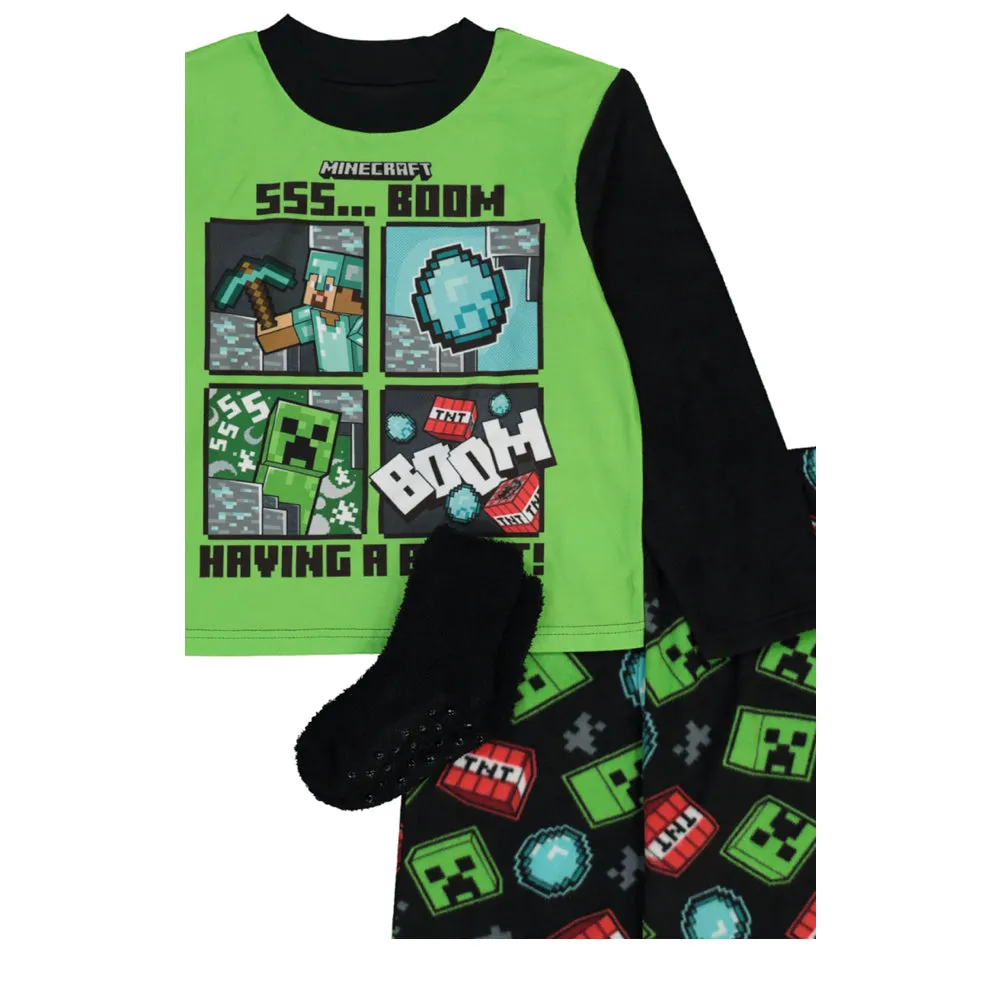 Minecraft Boys Pajama Set with Socks, Long Sleeve Top and Pants 3PC PJ Outfit, 6-12, Green