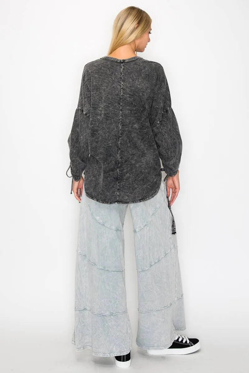 Mineral Wash BOHO Drawstring Sweatshirt: Black