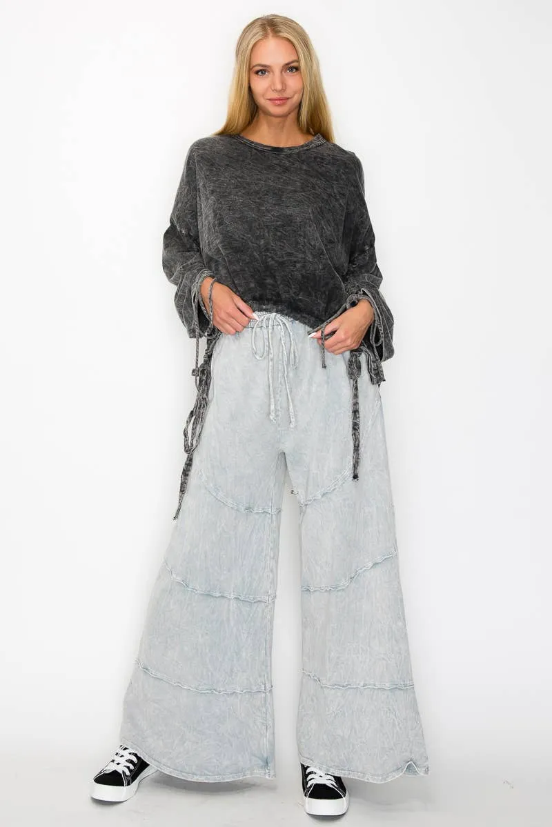 Mineral Wash BOHO Drawstring Sweatshirt: Black