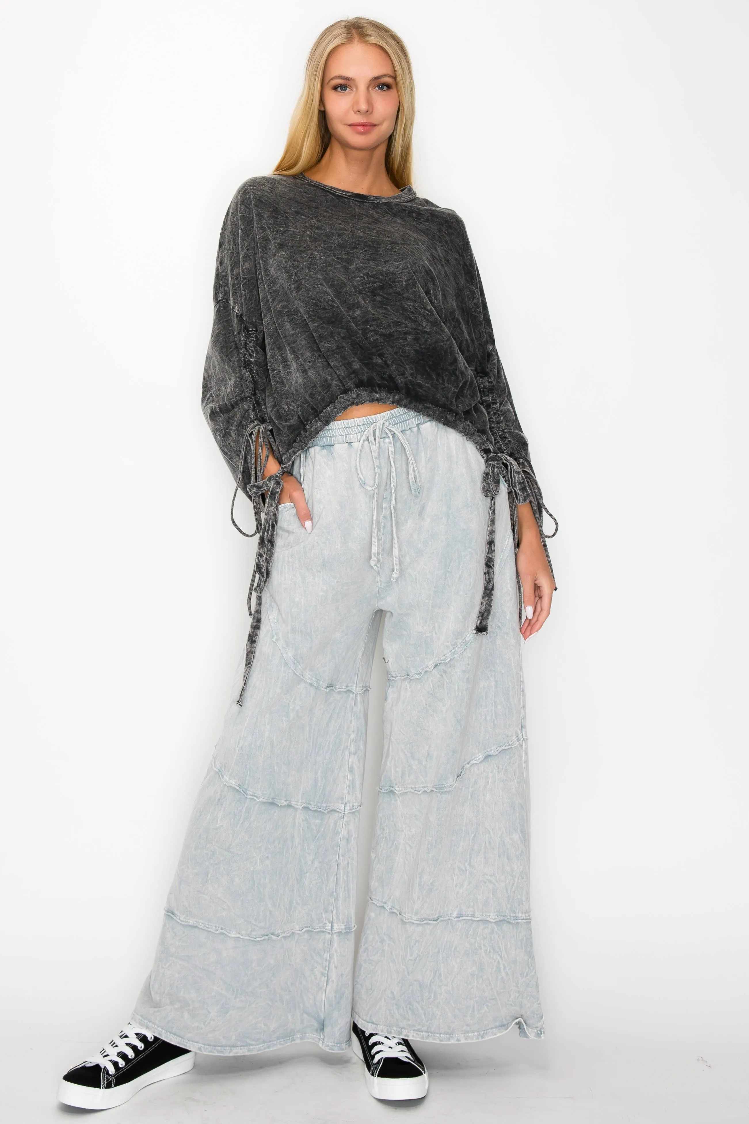 Mineral Wash BOHO Drawstring Sweatshirt: Black