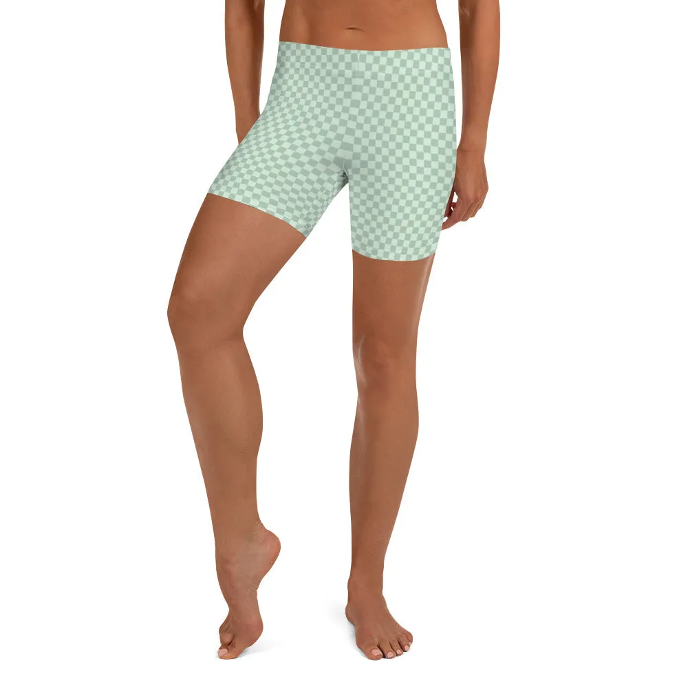 Mint Green Checked Pattern Sports Shorts