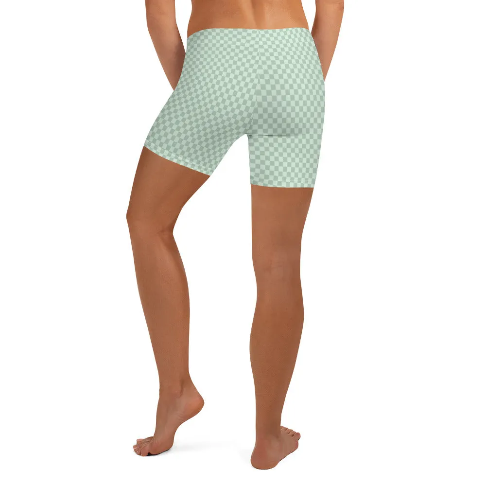 Mint Green Checked Pattern Sports Shorts