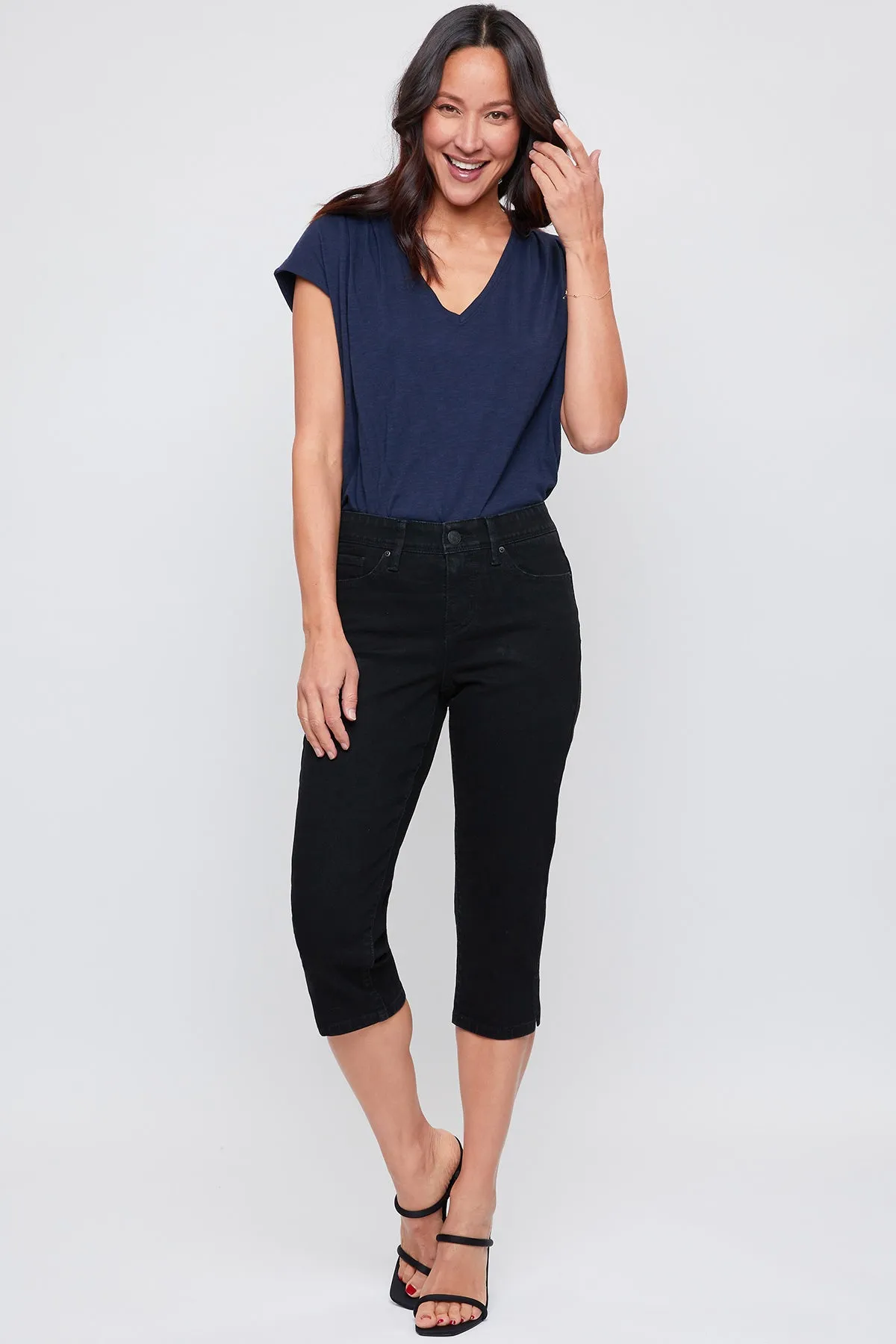 Missy Basic 5 Pocket Side Slit Hem Capri With Elastic Waistband, Pack Of 12