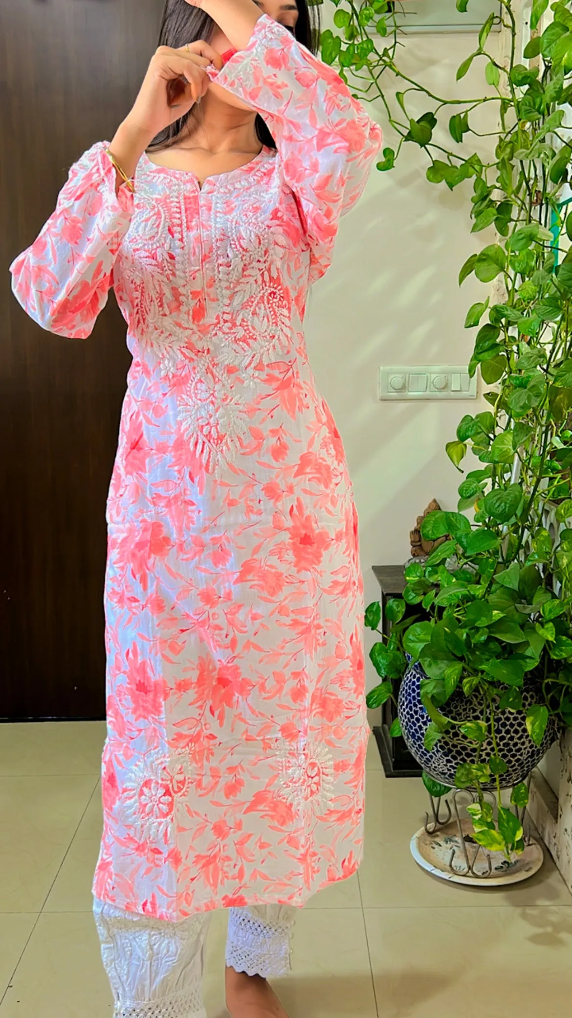Mul mul cotton lucknowi chikankari kurti and afghani set in orange floral