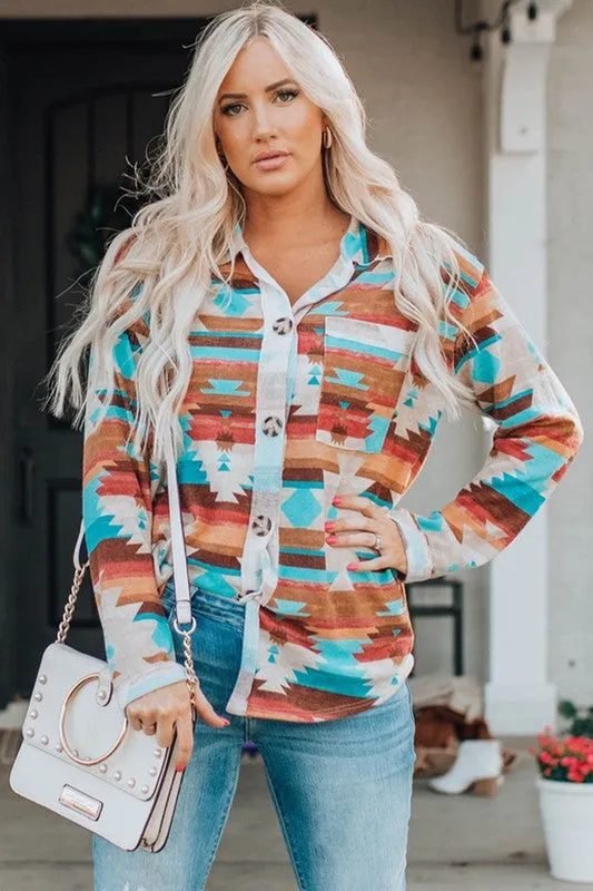 Multicolor Comfy in Aztec Button Up Blouse