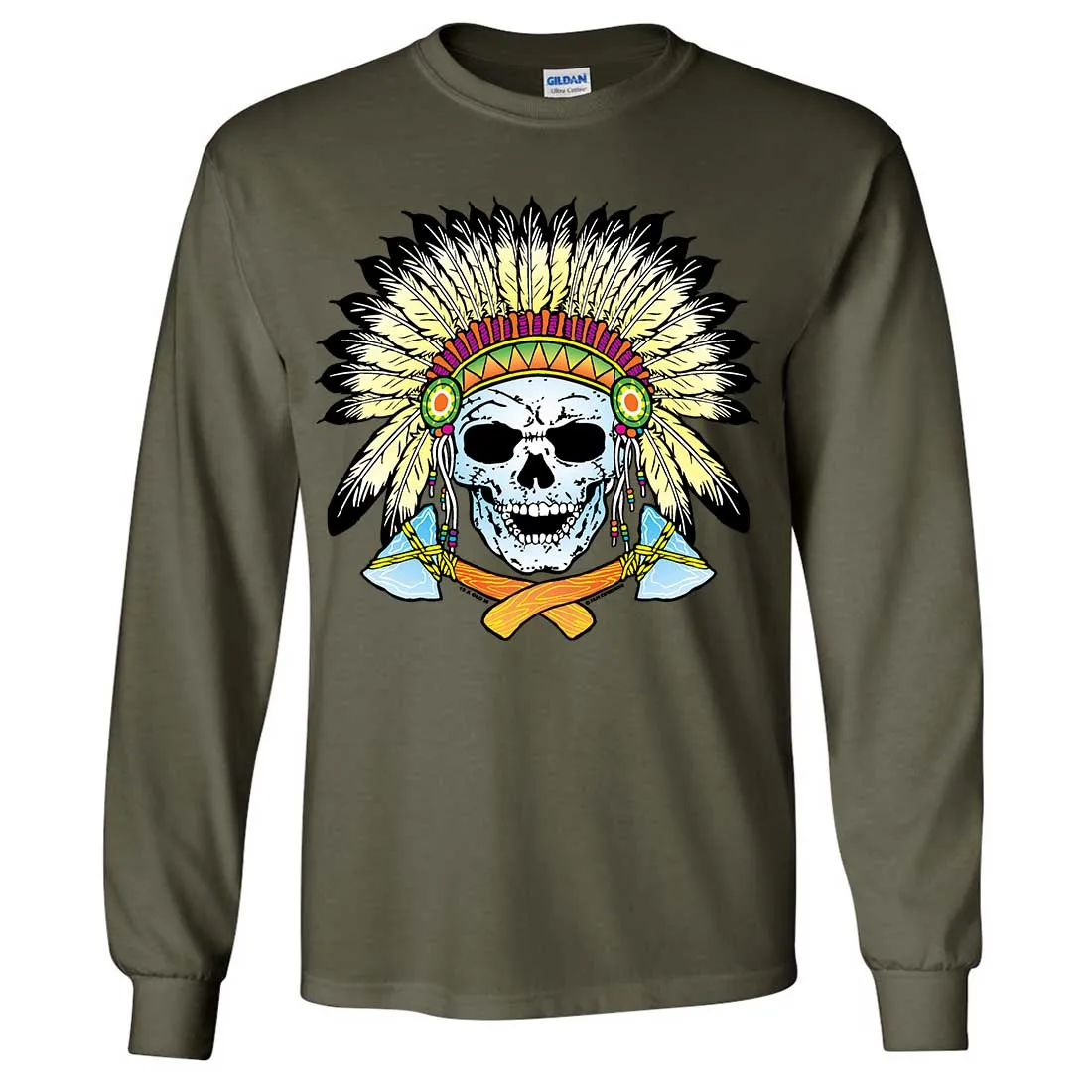 Native American Indian Skeleton Tomahawk Chief Long Sleeve Shirt