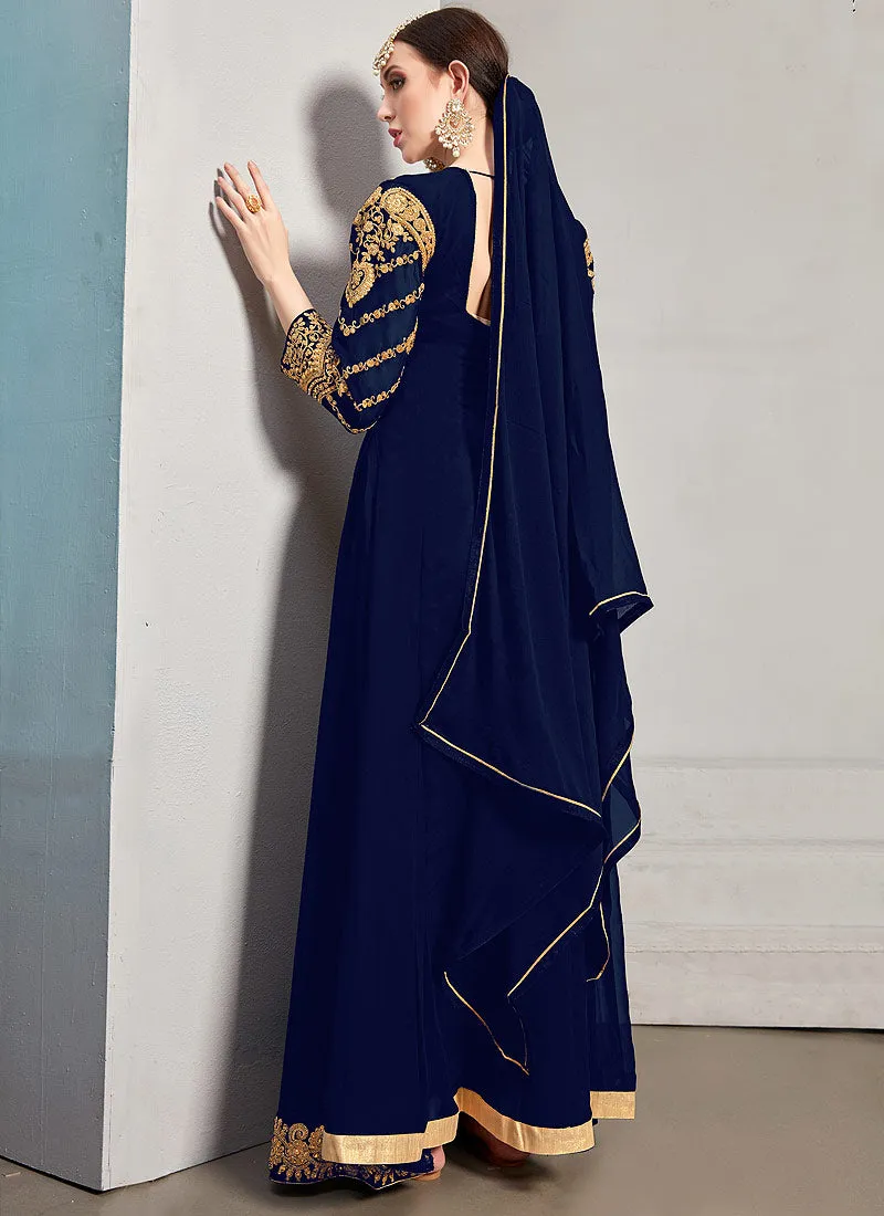 Navy Blue Embroidered Designer Anarkali Suit