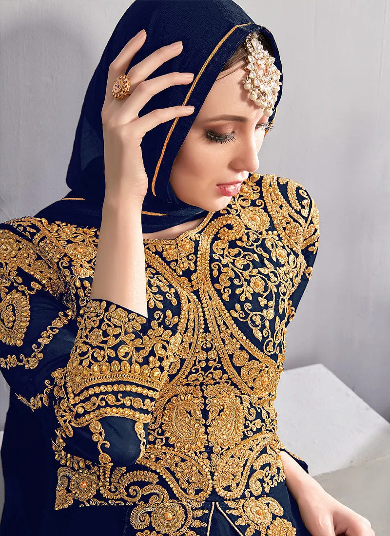 Navy Blue Embroidered Designer Anarkali Suit