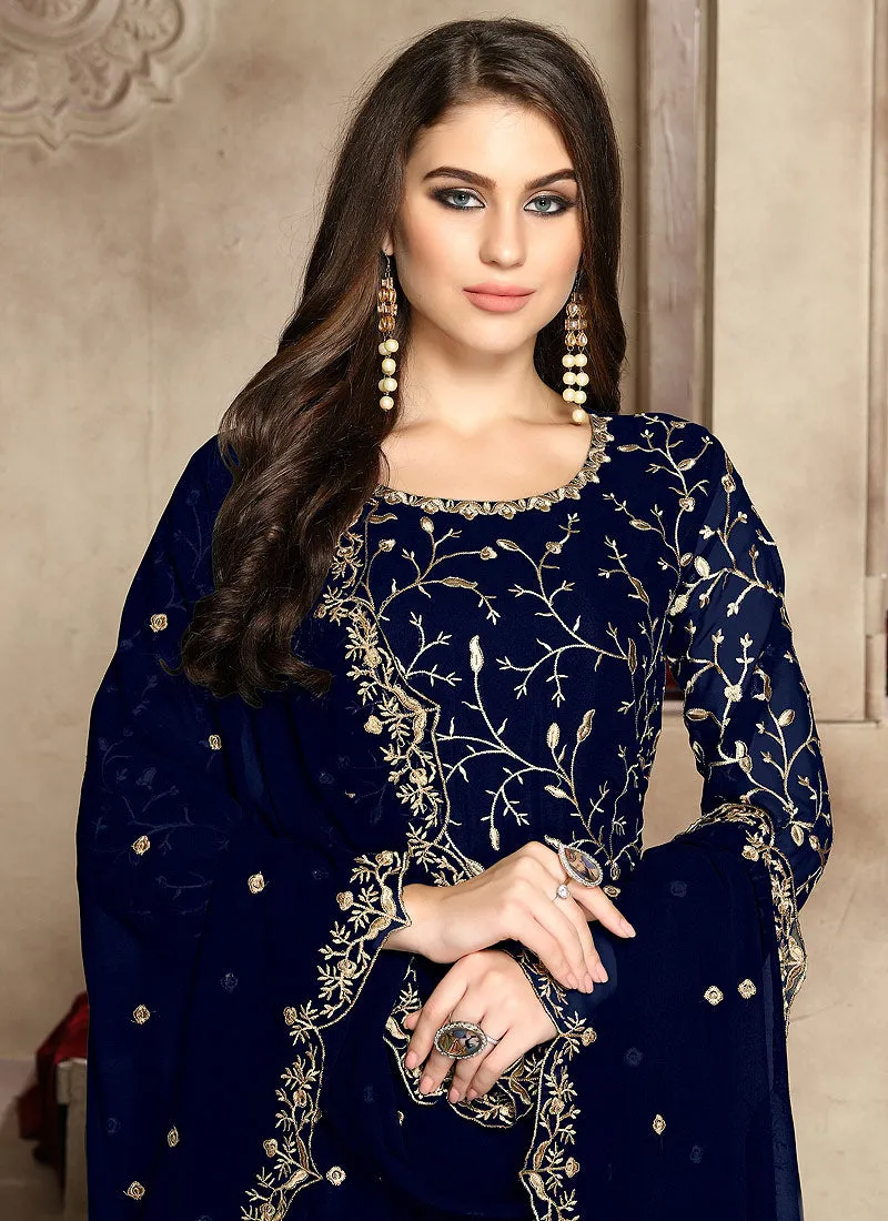Navy Blue Zari Embroidered Anarkali Suit
