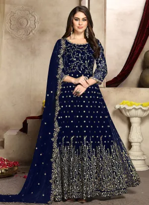 Navy Blue Zari Embroidered Anarkali Suit