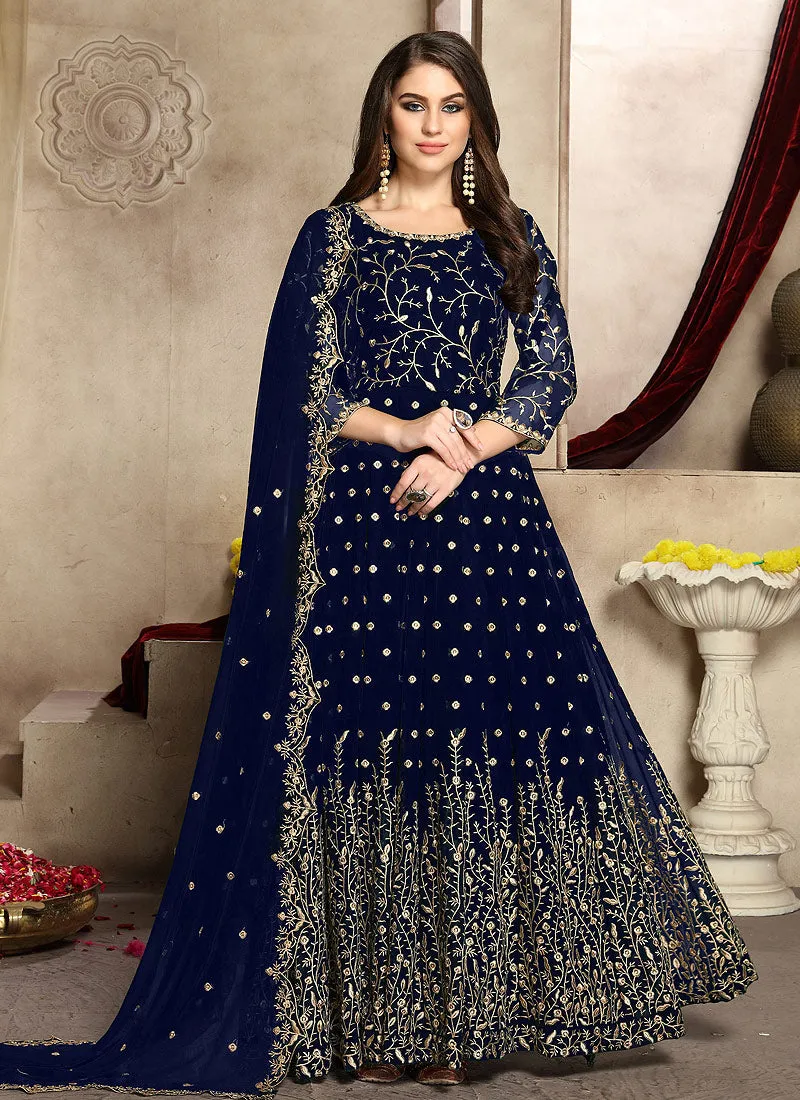Navy Blue Zari Embroidered Anarkali Suit
