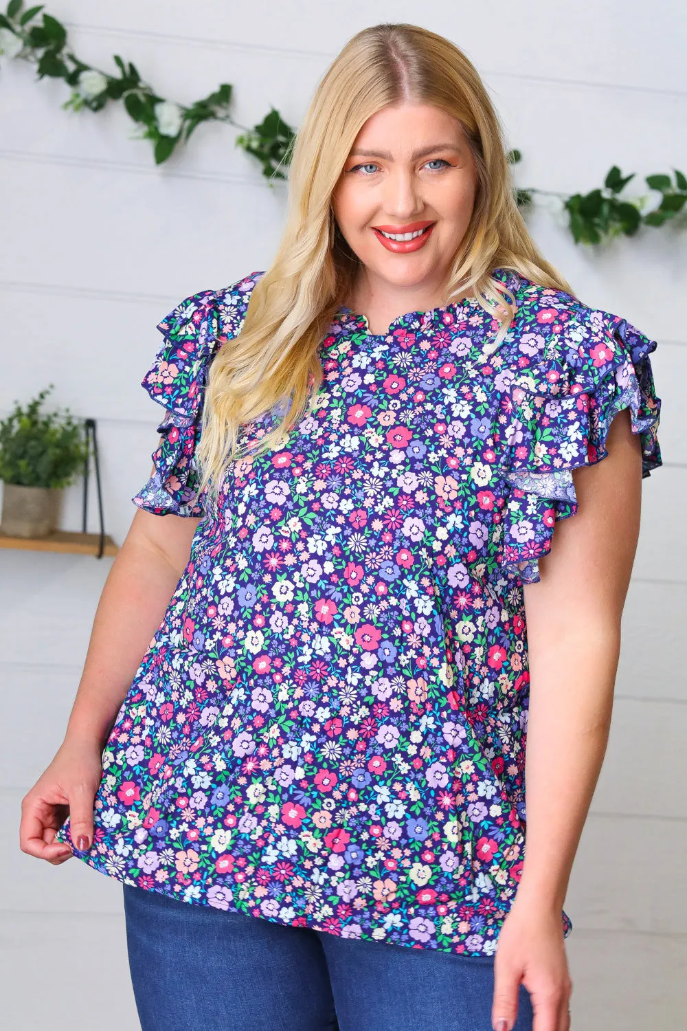 Navy Floral Mock Neck Flutter Sleeve Top