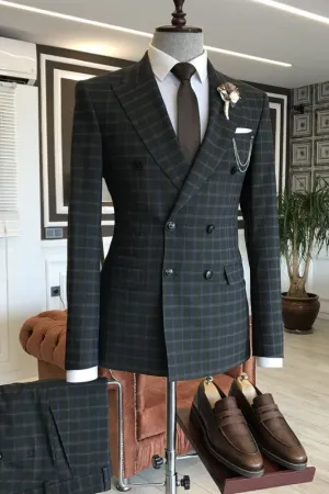 New Arrival Dark Gray Peaked Lapel Double Breasted Plaid Business Suit