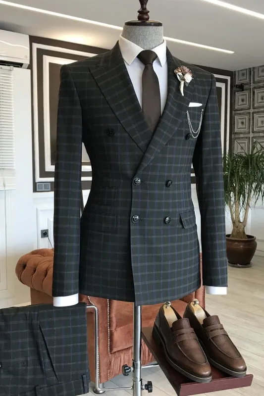 New Arrival Dark Gray Peaked Lapel Double Breasted Plaid Business Suit
