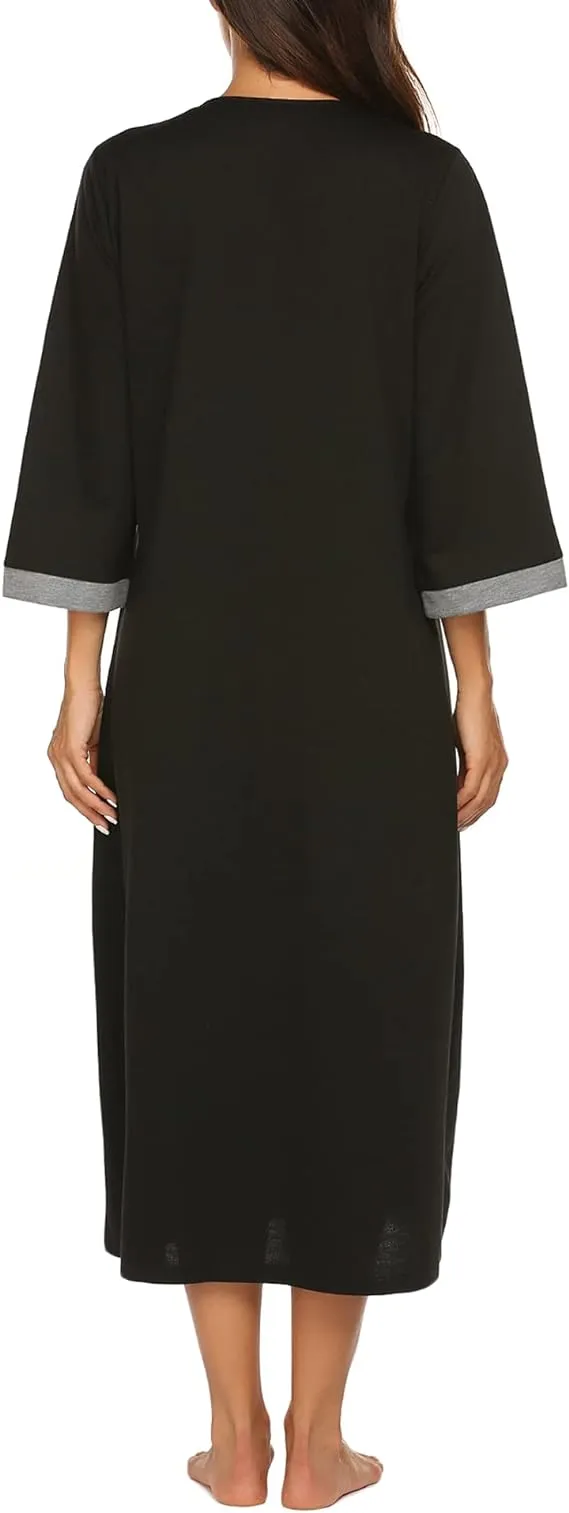 NEW Ekouaer Women Zipper Robe 3/4 Sleeves Loungewear Full Length Sleepwear Pockets Housecoat Long Soft Bathrobe, Black, Sz XL, Retails $62