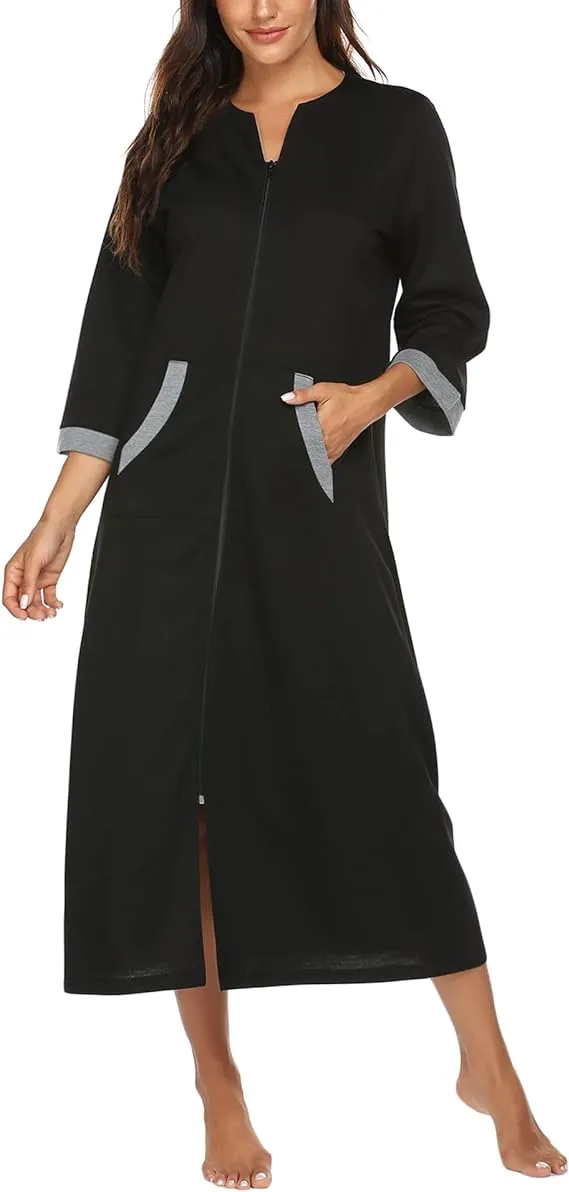 NEW Ekouaer Women Zipper Robe 3/4 Sleeves Loungewear Full Length Sleepwear Pockets Housecoat Long Soft Bathrobe, Black, Sz XL, Retails $62