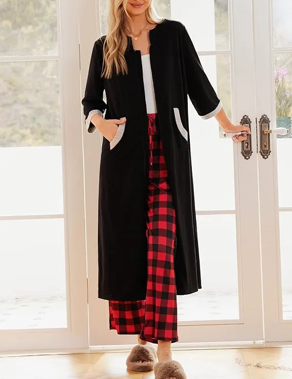 NEW Ekouaer Women Zipper Robe 3/4 Sleeves Loungewear Full Length Sleepwear Pockets Housecoat Long Soft Bathrobe, Black, Sz XL, Retails $62