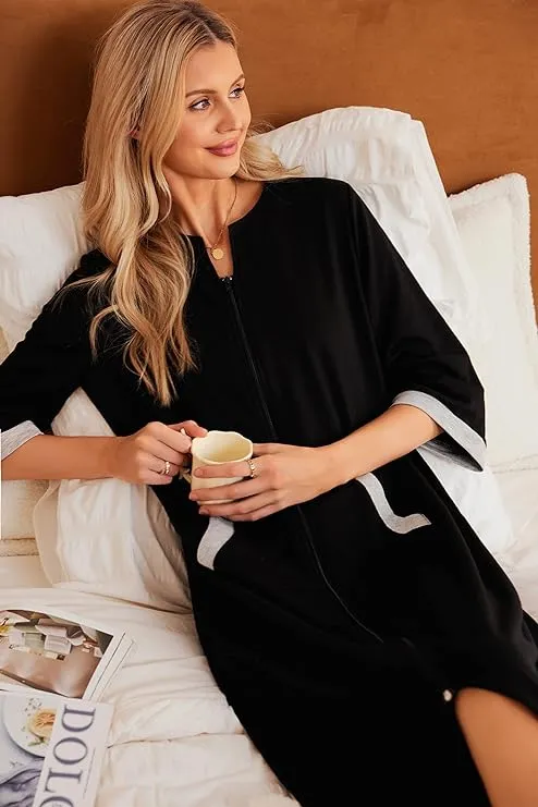 NEW Ekouaer Women Zipper Robe 3/4 Sleeves Loungewear Full Length Sleepwear Pockets Housecoat Long Soft Bathrobe, Black, Sz XL, Retails $62