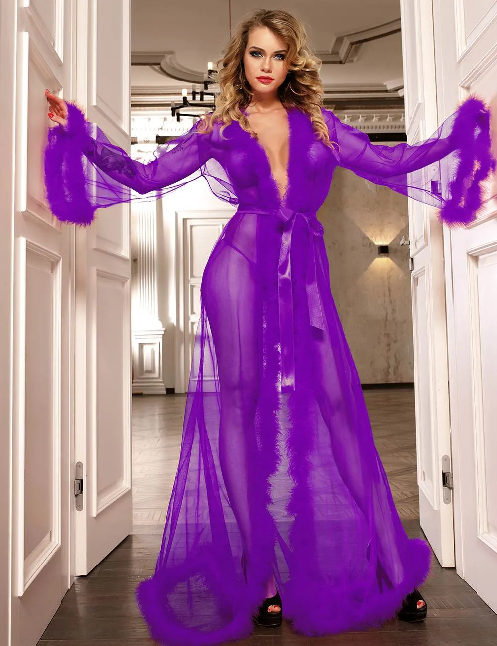 New Queen  Robe Perspective Sheer Sleepwear With Farawlaya
