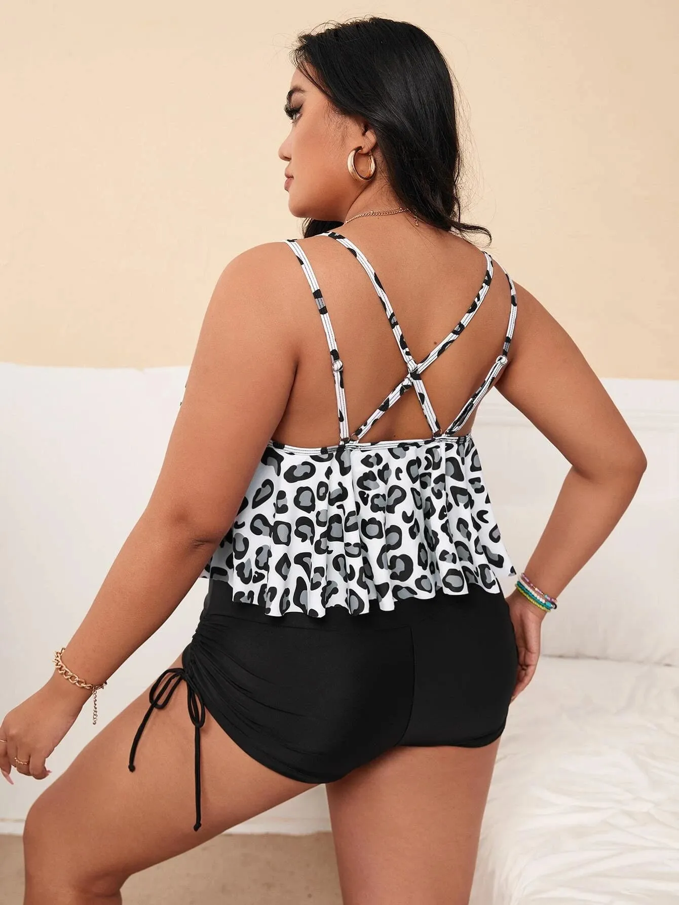 New Shein Plus Leopard Hanky Hem Drawstring Bikini Swimsuit, Sz 0XL! Fits True