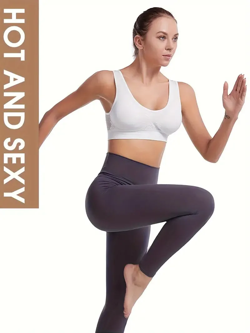 NEW White Breathable Sports Bra, Round Neck High Stretch Hollow Out Fitness Top, Women's Activewear - Sz L