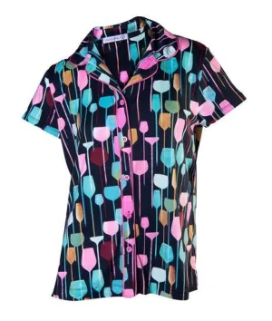 Notched Collar Pajama Top - Wine Glasses Size Large